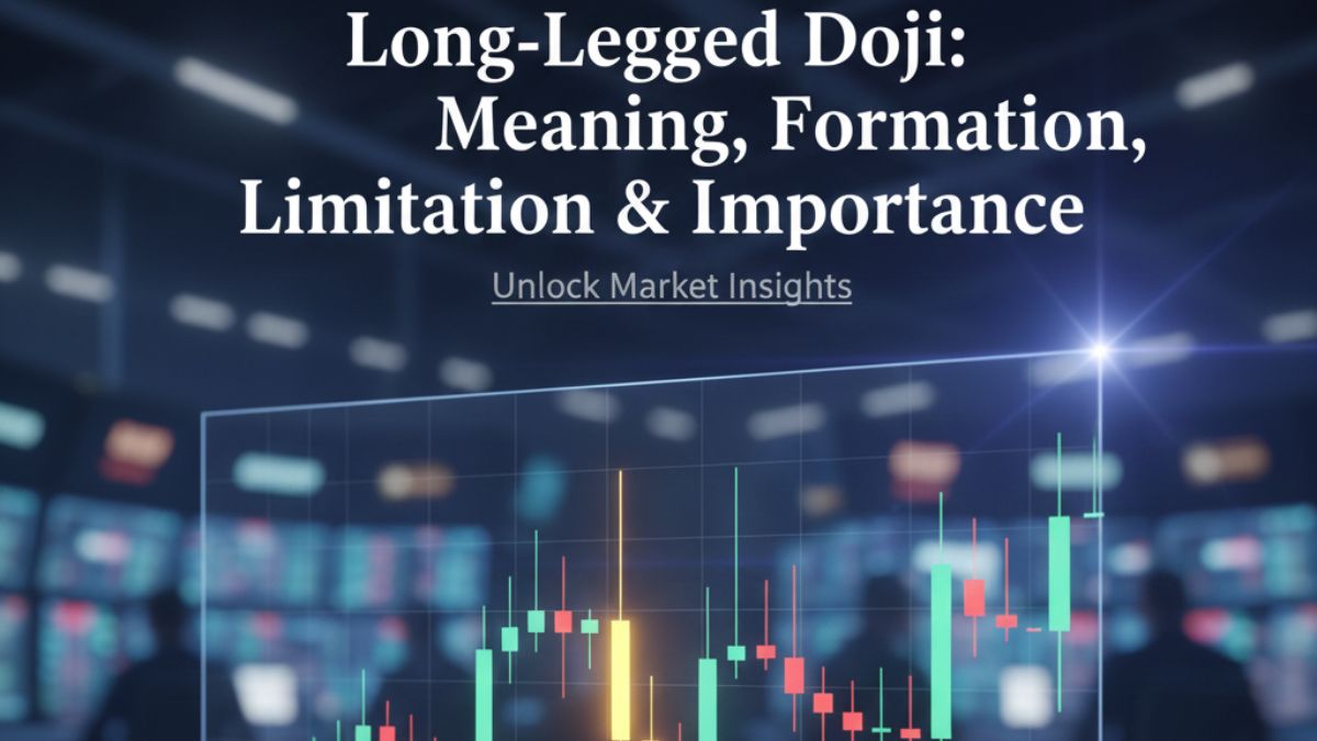 Illustration of a long-legged doji candlestick showing long upper and lower wicks and a small real body indicating market indecision.